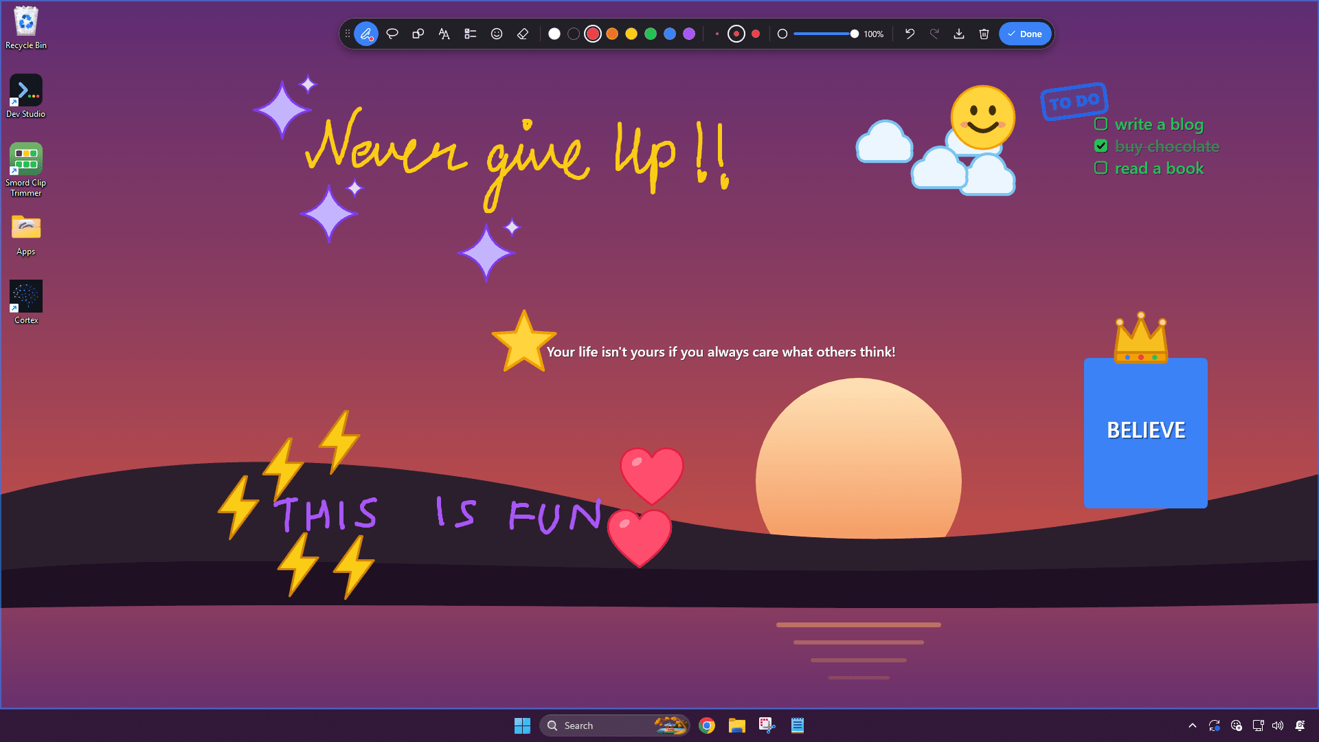 The Wallscribe drawing toolbar above notes on a Windows desktop wallpaper